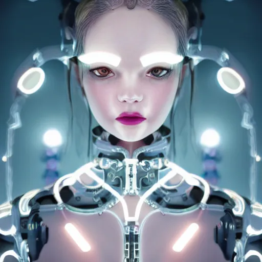 Prompt: very up close symmetrical sci fi portrait of fashion elegant sophisticated of a translucent digital porcelain beautiful dainty cyborg lolita girl, dramatic lighting, ultra detailed ornate neon wire decoration, complex white nano mechanical flowers, micro detail, by satoshi kon, sharp focus, trending on artstation hq, deviantart, pinterest, unreal engine, 8 k