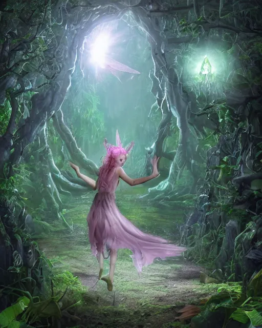 Image similar to a doomed fairy walking towards a ravenous, horrific portal to hades embedded in a creepy tree in a densely overgrown, magical jungle, fantasy, dreamlike sunraise, stopped in time, dreamlike light incidence, ultra realistic