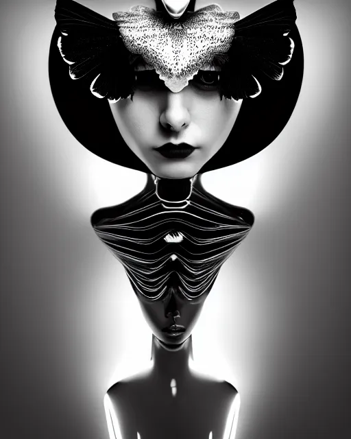 Image similar to surreal mythical dreamy dark artistic black and white fine art 3 / 4 fashion portrait photo of a young beautiful delicate female robot with orchid - owl face, rim light, cinematic, studio dramatic light, poetic, masterpiece, octane render, 8 k, photo - realistic by hg giger and man ray