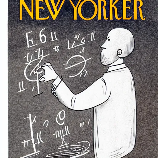 Prompt: new yorker cover showing a physicist drawing mathematical figures on a chalk board while drinking a coffee cup