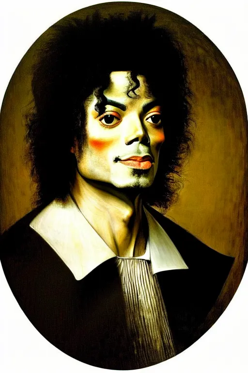 Prompt: high quality celebrity portrait of young michael jackson by the old dutch masters, rembrandt, hieronymous bosch, frans hals, symmetrical detail