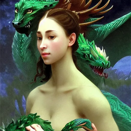 Prompt: An elegant green, blue dragon with a wolf like face, it has a furry body and leathery wings, sitting on a clearing in a flowery, jungle, detailed, mtg, digital illustration, trending on artstation by William-Adolphe Bouguereau