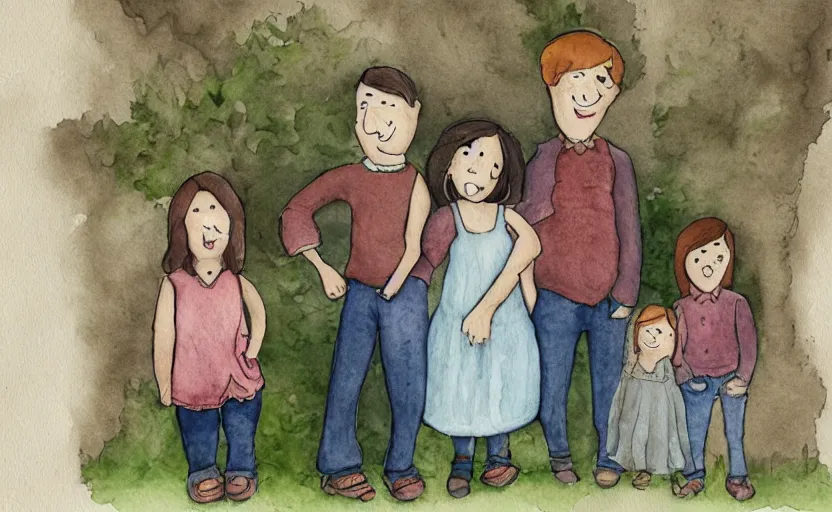 Image similar to storybook illustration of family portraits hanging on a wall, watercolor, sepia tints