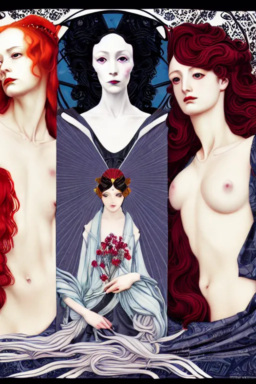 Image similar to a triad of winter muses, style blending æon flux, shepard fairey, botticelli, ivan bilibin, and john singer sargent, inspired by pre - raphaelites, shoujo manga, and harajuku fashion, stark landscape, muted dark colors, superfine inklines, ethereal, otherworldly, 4 k photorealistic, arnold render