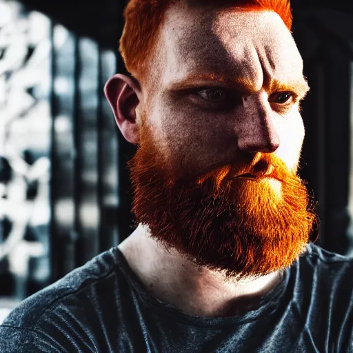 Image similar to futuristic ginger cyborg, bearded, portrait, partly concealed by dramatic shadows, rim lit, hopeful expression, candid photography, nikon, 4k