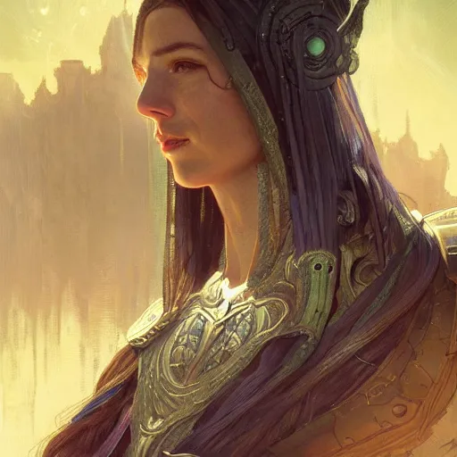 Image similar to portrait of a mystical knight, mystic, spiritual, strange, science fiction, intricate, headshot, highly detailed, digital painting, artstation, concept art, sharp focus, cinematic lighting, illustration, art by artgerm and greg rutkowski, alphonse mucha, cgsociety