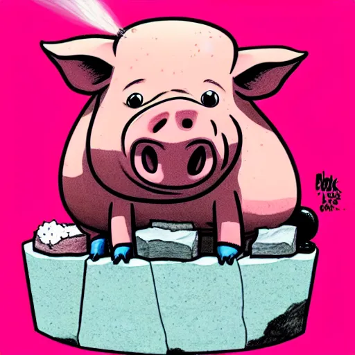 Image similar to comic art of a cute far pig sitting on pile of pink salt, drawn by Bruce MacKinnon, vivid color, cgsociety 4K