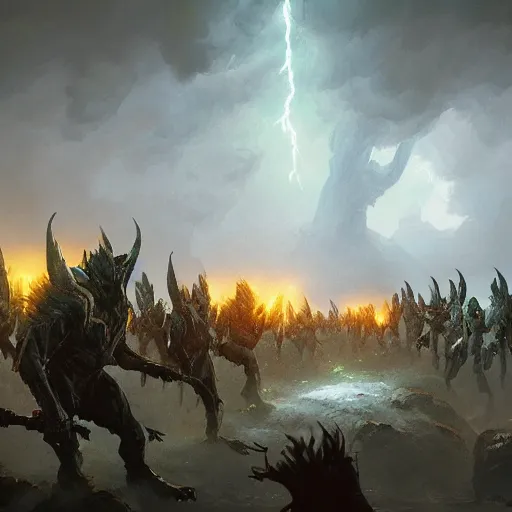 Prompt: a magical lightning storm destroys a goblin army, digital art, greg rutkowski