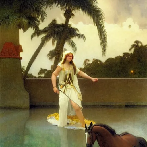 Prompt: Girl riding a horse leaving the palace through the bridge, thunderstorm, beach and palm trees on the background major arcana sky, by paul delaroche, alphonse mucha and arnold böcklin arnold böcklin hyperrealistic 8k, very detailed