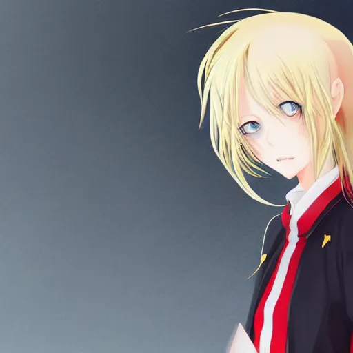 Image similar to advanced digital anime art, female teen with red eyes and blonde / yellow hair that is to neck length wearing a dark grey school outfit. drawn by Shikamimi, WLOP,rossdraws