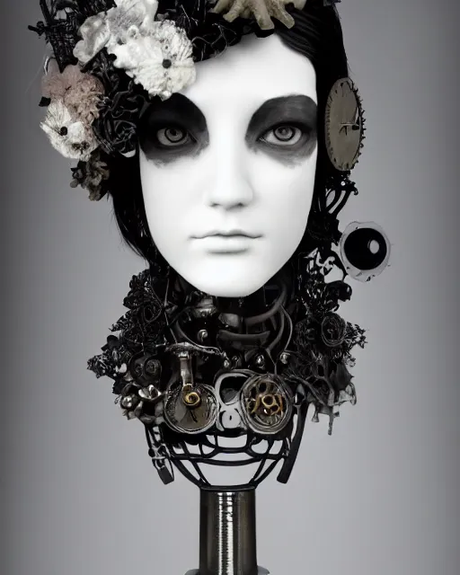 Image similar to black and white dreamy foggy smoky profile face portrait, one silver steampunk eye biomechanical beautiful young female cyclope - cyborg - robot bust, body ribs meshes,, volumetric light, hibiscus flowers, by hg giger, rim light, by dora maar and cecile beaton, big gothic fashion pearl embroidered collar, 8 k