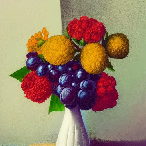 Prompt: a white ceramic vase, with colored flowers, with grapes, complementary colors, studio photo, photorealism, symmetry.