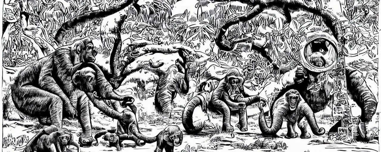 Image similar to the chimpanzee globe trotters go to an elephant wonderland inside the hollow earth where emotions are math and math is love, black and white in the style of jim woodring