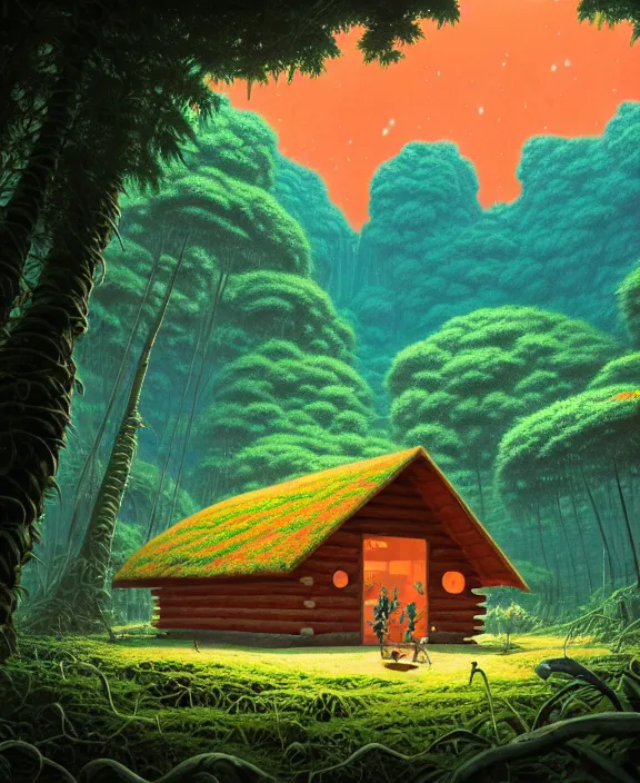 Prompt: simplicity, a massive simple cabin made out of exotic fungus, overgrown with lush floral jungle, milky way, hellscape, hell, fire, brimstone, hellish, lava, by dan mumford, yusuke murata, makoto shinkai, ross tran, cinematic, unreal engine, cel shaded, featured on artstation, pixiv