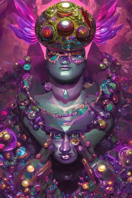 Image similar to maximalist detailed gemstone golem portrait by adoryanti, machine. delusions, holosomnia, electrixbunny, rendered in discodiffusion. decorated with pearls and gems, behance hd by jesper ejsing, by rhads, makoto shinkai, ilya kuvshinov, rossdraws global illumination ray tracing hdr radiating a glowing aura