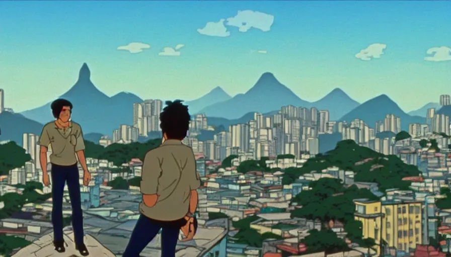 Prompt: 1 9 8 6 movie screencap of a couple with a gun on a rio de janeiro, gucci clothes, studio ghibli sky, beautiful favela background extremely utra high quality artwork 8 k