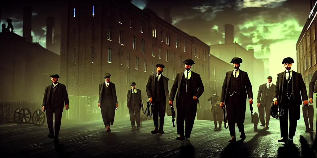 Prompt: Peaky Blinders, in Cyber Punk 2077, reimagined as a cyberpunk dystopia, cinematic backlighting, 4k highly detailed digital art