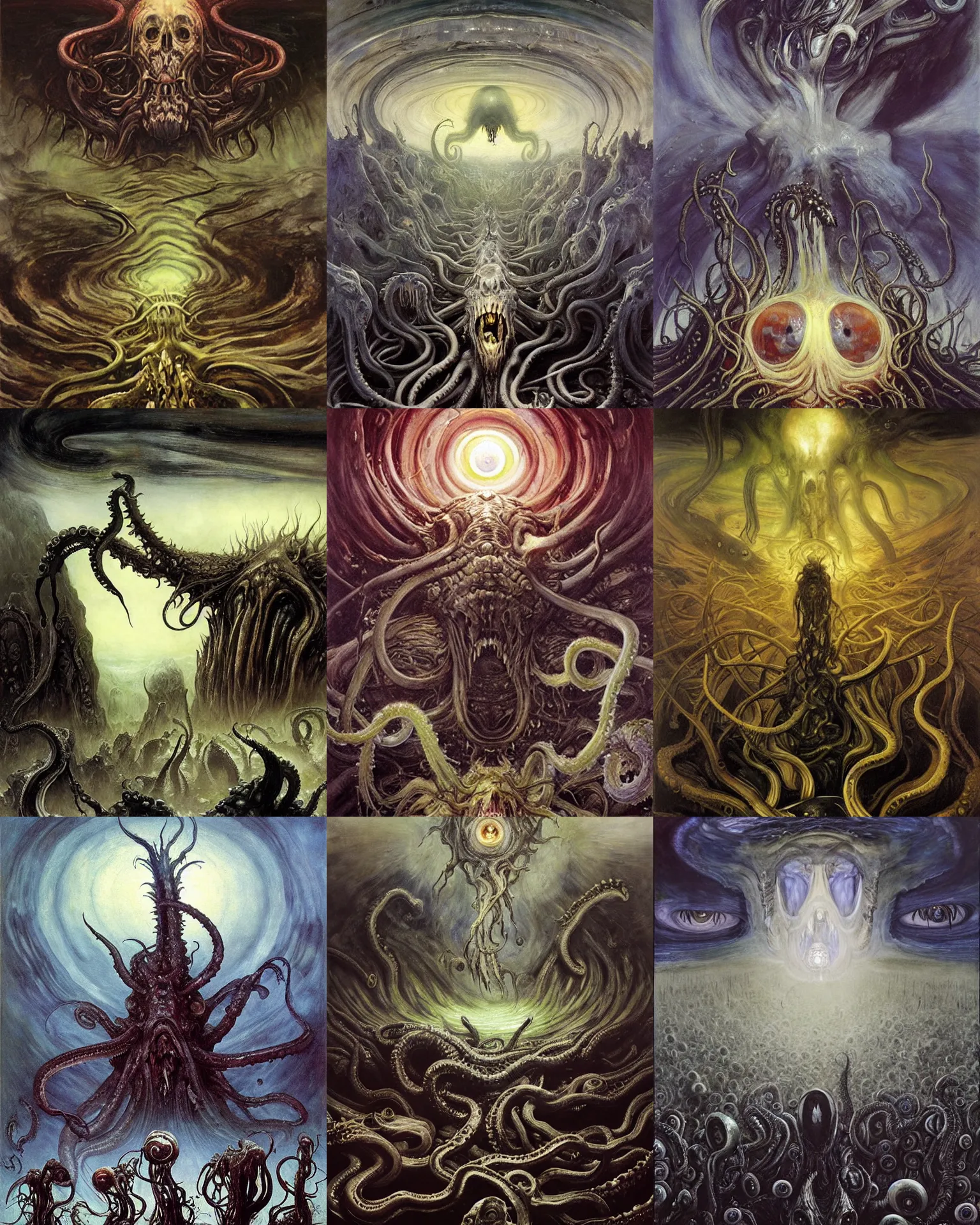 Prompt: ritual of otherworldly massive cthulu god arising a grim obsidian landscape made of giant squid eyeballs, painting by donato giancola, artgerm, edvard munch, john berkey,, hieronymus bosch, gustave dore, thomas moran, hp lovecraft, paranoid vibe, terror giant infinite eyes horror spiders tentacles maggots feeling of madness and insanity