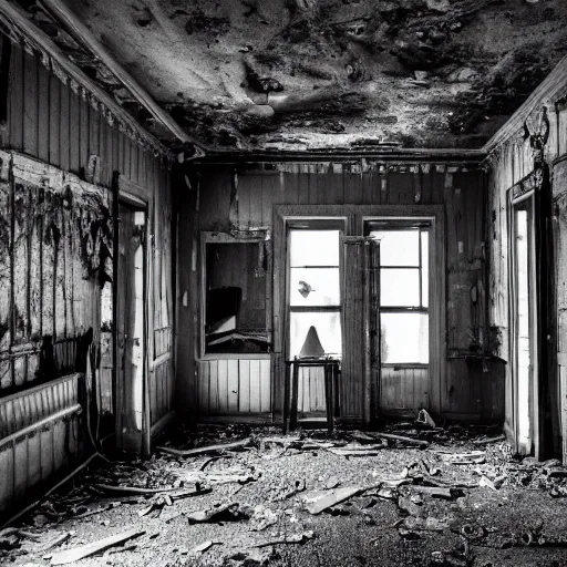 Prompt: night vision footage of inside an abandoned lodge with a tall skinny figure standing in the middle of the room, black and white, realistic, photoreal, dramatic, creepy, 8k
