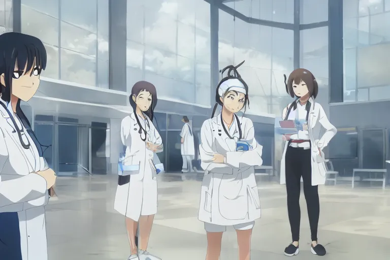 Image similar to a cute young female doctor wearing white coat are working in an emergency department , slice of life anime, cinematic, lighting, 8kHDR, anime scenery by Makoto shinkai