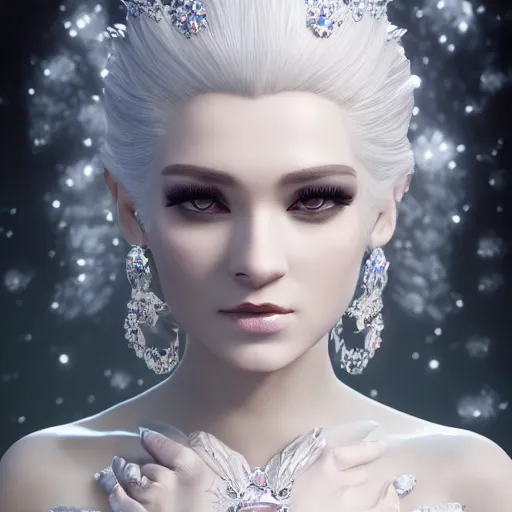 Image similar to portrait of wonderfu princess of white diamonds with fair skin, white hair, white flowers, ornate with white diamonds, 8 k, gorgeous, intricate, detailed, glowing white accent lighting, dramatic lighting, octane render