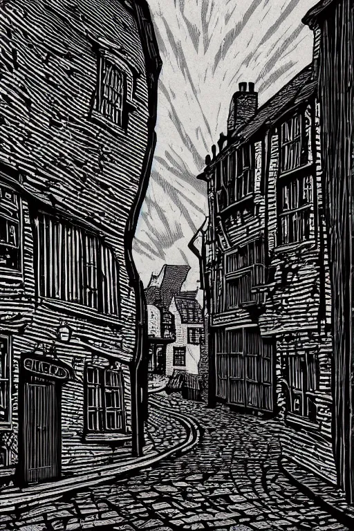 Prompt: a beautiful woodcut print of shambles and little shambles york, 8 k, frostbite 3 engine, cryengine, dof, trending on artstation, digital art, crepuscular ray, art by fossi _ images and tugboat printshop