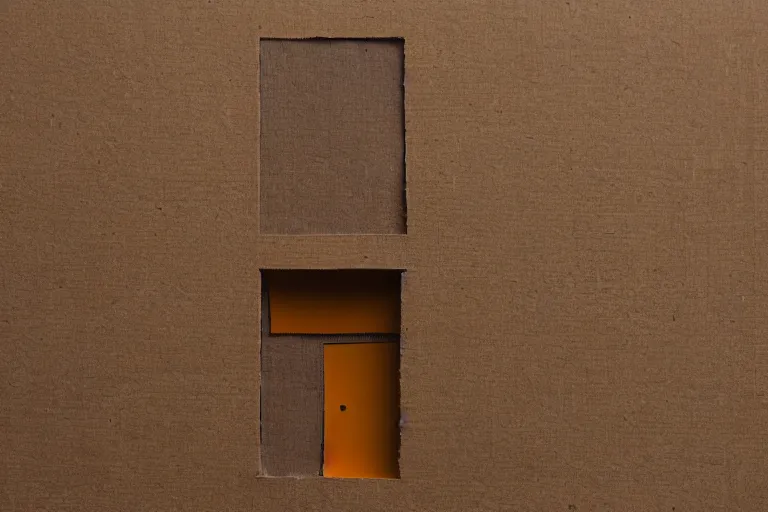 Prompt: an architectural sketch on a textured brown paper, windows bright with orange and yellow color