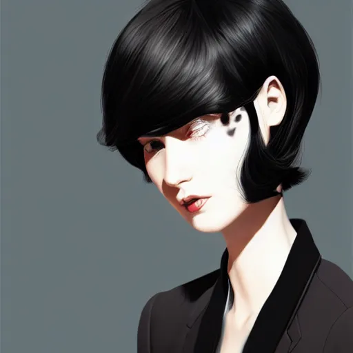 Prompt: slim girl in tuxedo with short black hair, elegant, 2d, ultra highly detailed, digital painting, smooth, sharp focus, artstation, portrait art by Ilya Kuvshinov