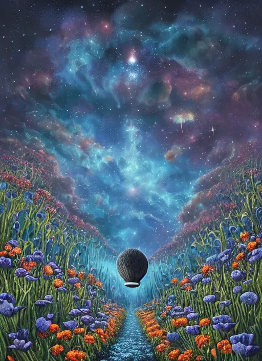 Image similar to detailed, intricate blue black and purple papaverum flower on the field, nebula, galaxy in the sky, winning award masterpiece, fantastically beautiful, illustration, aestheticly inspired, jacek yerka, upscale with anguissola sofonisba work, artstation, 8 k