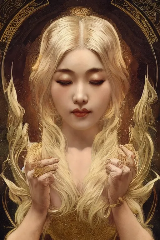 Image similar to beautiful asian girl, blonde hair, gold, god, white hair, 1 9 2 0 s fashion, fantasy, model pose, horror art, highly detailed, intricate, ethereal, highly detailed, sharp focus, artstation, digital painting, art by alphonse mucha, cedric peyravernay, tom bagshaw