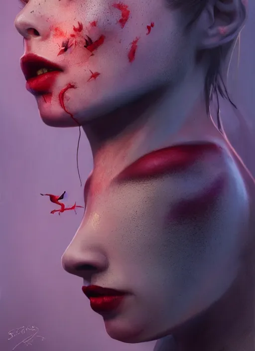 Image similar to portrait of sinister girl with pouty aerochrome lips, langolier, unforgivable, cute bandaid on nose!!, expressive eyes, full body, deathly skin, greg rutkowski, charlie bowater, yuumei, stephen gammell, unreal 5, daz, hyperrealistic, octane render, rpg portrait, dynamic lighting, fantasy art, beautiful face