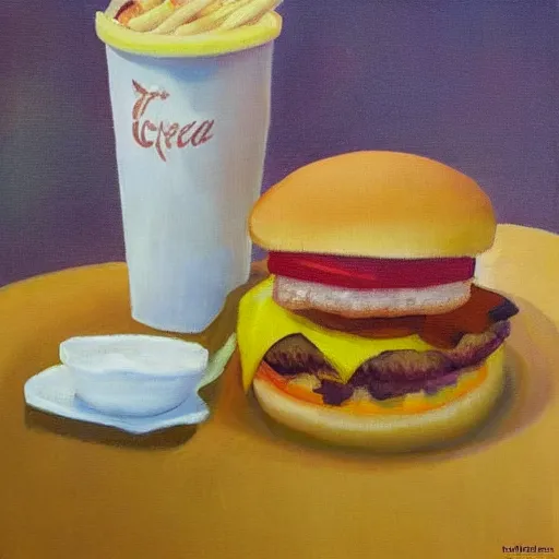 Image similar to impressionist painting of cheeseburger menu with fries and coke