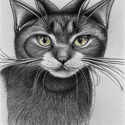 Prompt: a biological illustration of a cat with horns and a bee sting, pencil drawing