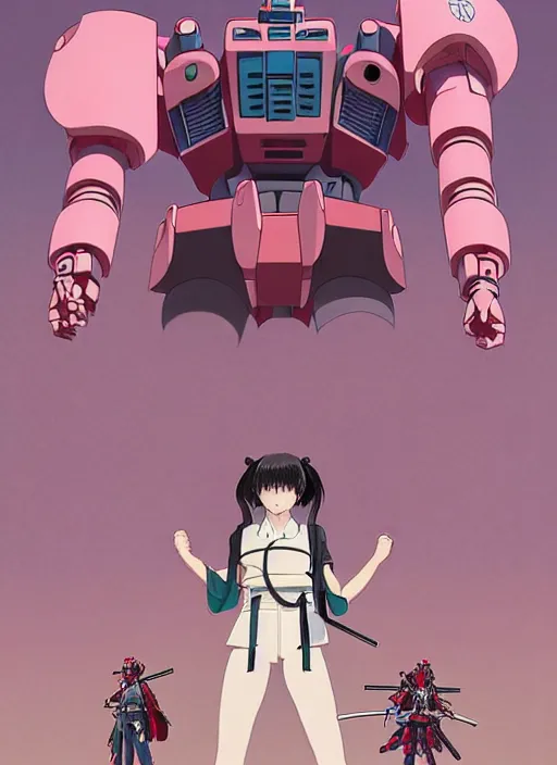 Image similar to Artwork by James Jean, Phil noto and hiyao Miyazaki; a young Japanese future samurai police girl named Yoshimi battles an enormous looming evil natured carnivorous pink gundam robot on the streets of Tokyo; Japanese shops and neon signage; crowds of people running; Art work by studio ghibli, Phil noto and James Jean