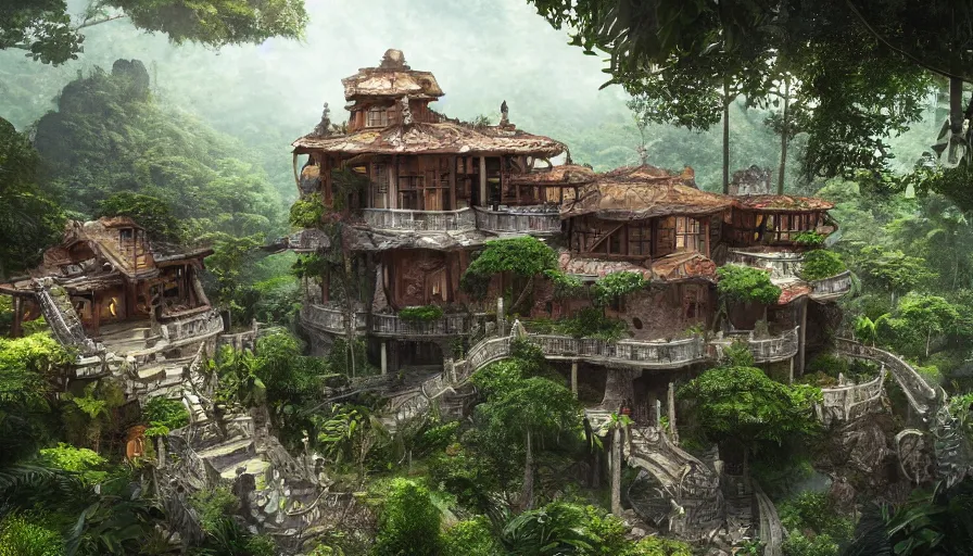 Image similar to Magnificent glazed villa with a wooden balcory built on the edge of a green mountains in the jungle, hyperdetailed, artstation, cgsociety, 8k