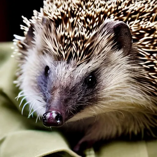 Image similar to still image of a hedgehog wearing body armor, hedgehog soldier, the hedgehog is holding a rifle, photo