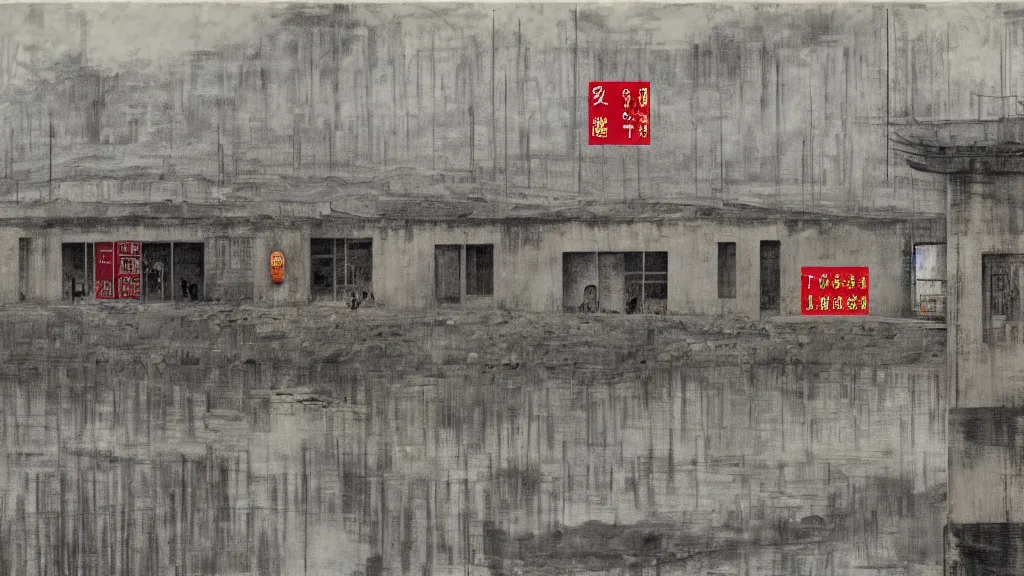 Image similar to a chinese prison near a river by peter doig, muted grey colors, overlaid with chinese adverts