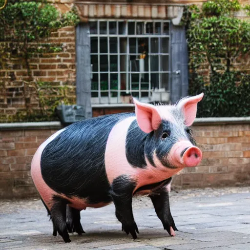 Image similar to pig wearing victorian dress in the courtyard doing crossfit