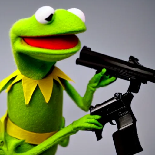 Image similar to kermit the frog with a gun in his hand