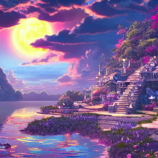 Image similar to the aesthetic view of the beautiful, grand, wistful, dreamy lonely island at dusk, hyperrealistic anime illustration by iralki nadar, colorful, extremely detailed, intricate linework, super sharp focus, bright colors, octopath traveler, studio ghibli, unreal engine 5 highly rendered, global illumination, radiant light, detailed and intricate environment