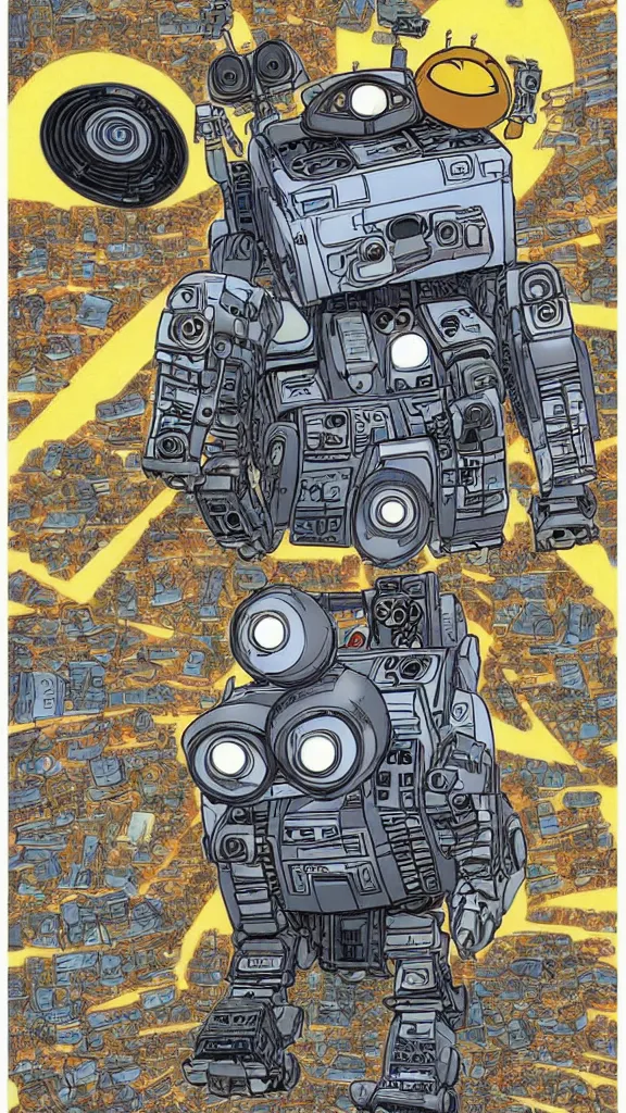 Image similar to Wall-E designed by Akira Toriyama, studio ghibli, biomechanical, akira toriyama manga illustration style, full color manga cover, symmetrical