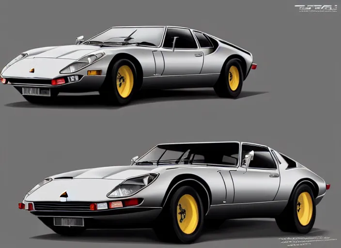 Image similar to a blending, amalgamation and detailed combination of a lamborghini countach, datsun 2 6 0 z and a jaguar e - type, concept art, round headlights, 8 k, highly detailed, trending on art station