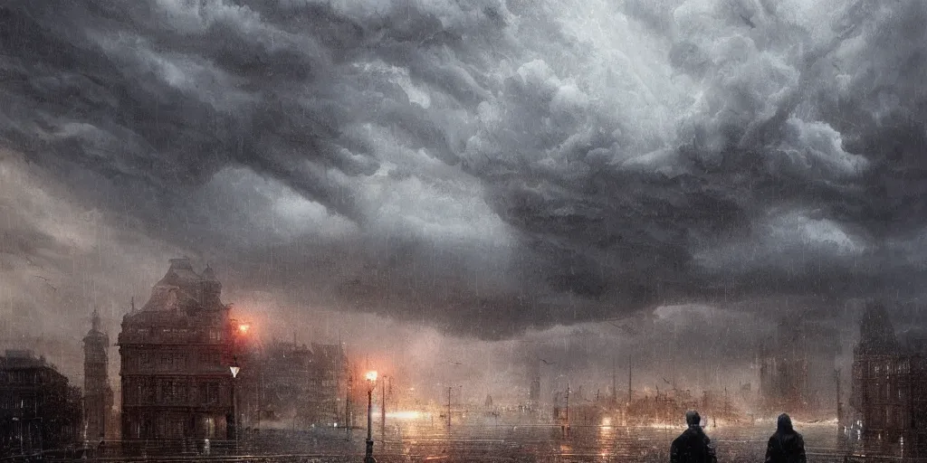 Prompt: photograph of severe weather storms across Europe, architecture, detailed face, highly detailed, cinematic lighting, urban art style, climate change, digital art painting by greg rutkowski, cinematic, concept art, 35mm grain filter
