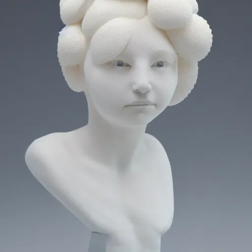 Prompt: full head and shoulders, beautiful female porcelain sculpture by daniel arsham and raoul marks, smooth, all white features on a white background, delicate facial features, white eyes, white lashes, detailed white, lots of real pastel blue hair in a winding geometric hairstyle on the head