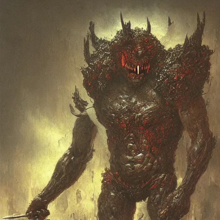 Image similar to demonic berserker in hellish armor, muscular body, demon, balrog, beksinski