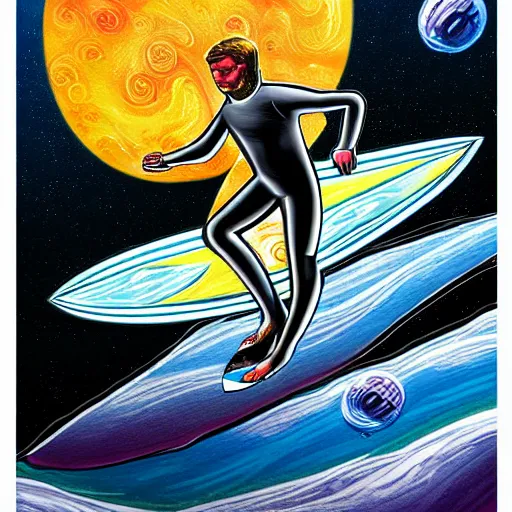 Image similar to surfer in space, intricate detail, airbrush painting, illustration,