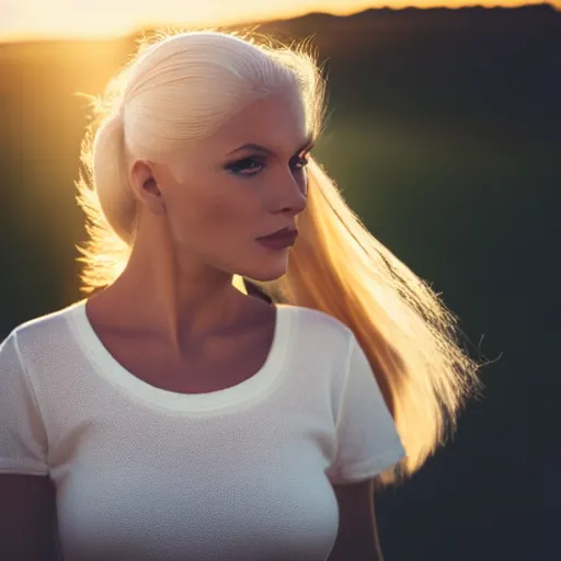 Image similar to a very beautiful still of a beautiful white blonde - haired woman with a pony tail and leaning her hat slightly backwards, golden hour, lascivious look into the camera, front shot very close - up hyper detailed eyes, hyper detailed hair