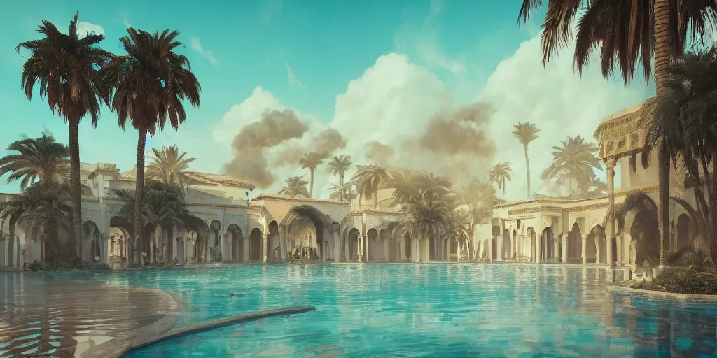 Image similar to beautiful bath house surrounded by palm trees, moroccan tile archways,, ivory towers, sun setting, ross tran, nephilim, pyroclastic flow, ethereal, fantasy, james jean, oozium, peter morbacher, angelarium, alchemy, luxury, heavenly light, soft illumination, trending on artstation, cinematic lighting, digital painting, octane render, artgerm