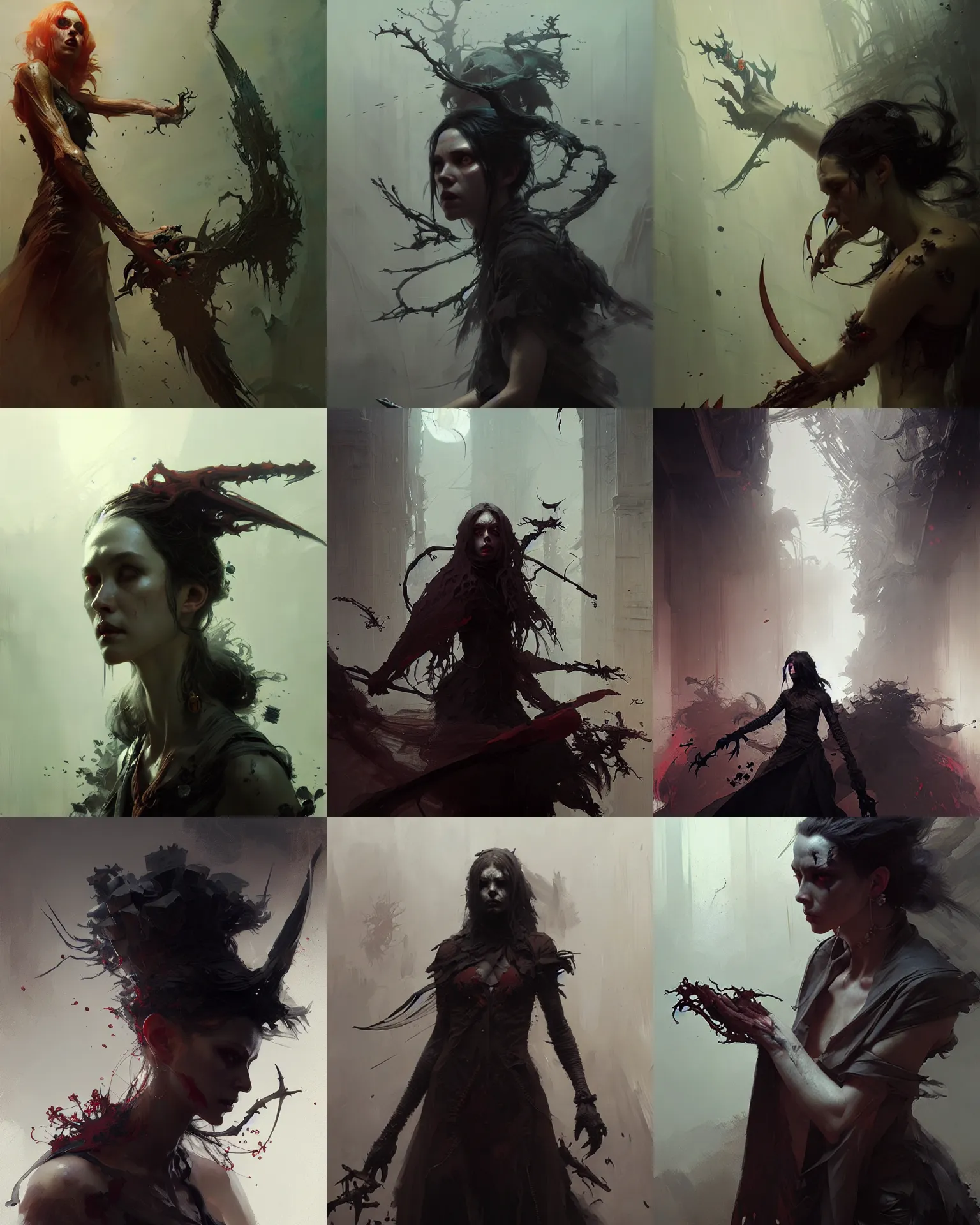 Prompt: horror witch, intricate, sharp focus, illustration, highly detailed, digital painting, concept art, matte, art by ruan jia and wlop and greg rutkowski, masterpiece