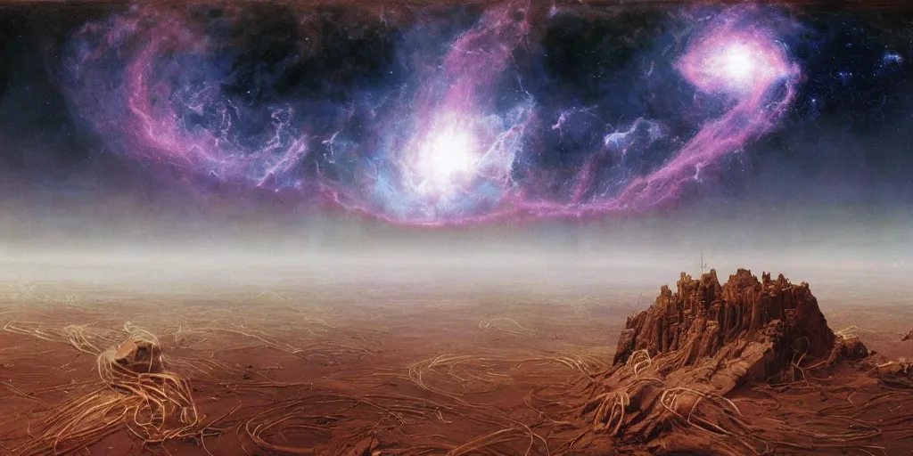 Image similar to supernova, planet with a spaghetti like ground surface, panoramic view, sky, stars, painted by steve mccurry, ruan jia, raymond swanland, lawrence alma tadema, zdzislaw beksinski, norman rockwell, jack kirby, tom lovell, alex malveda, greg staples